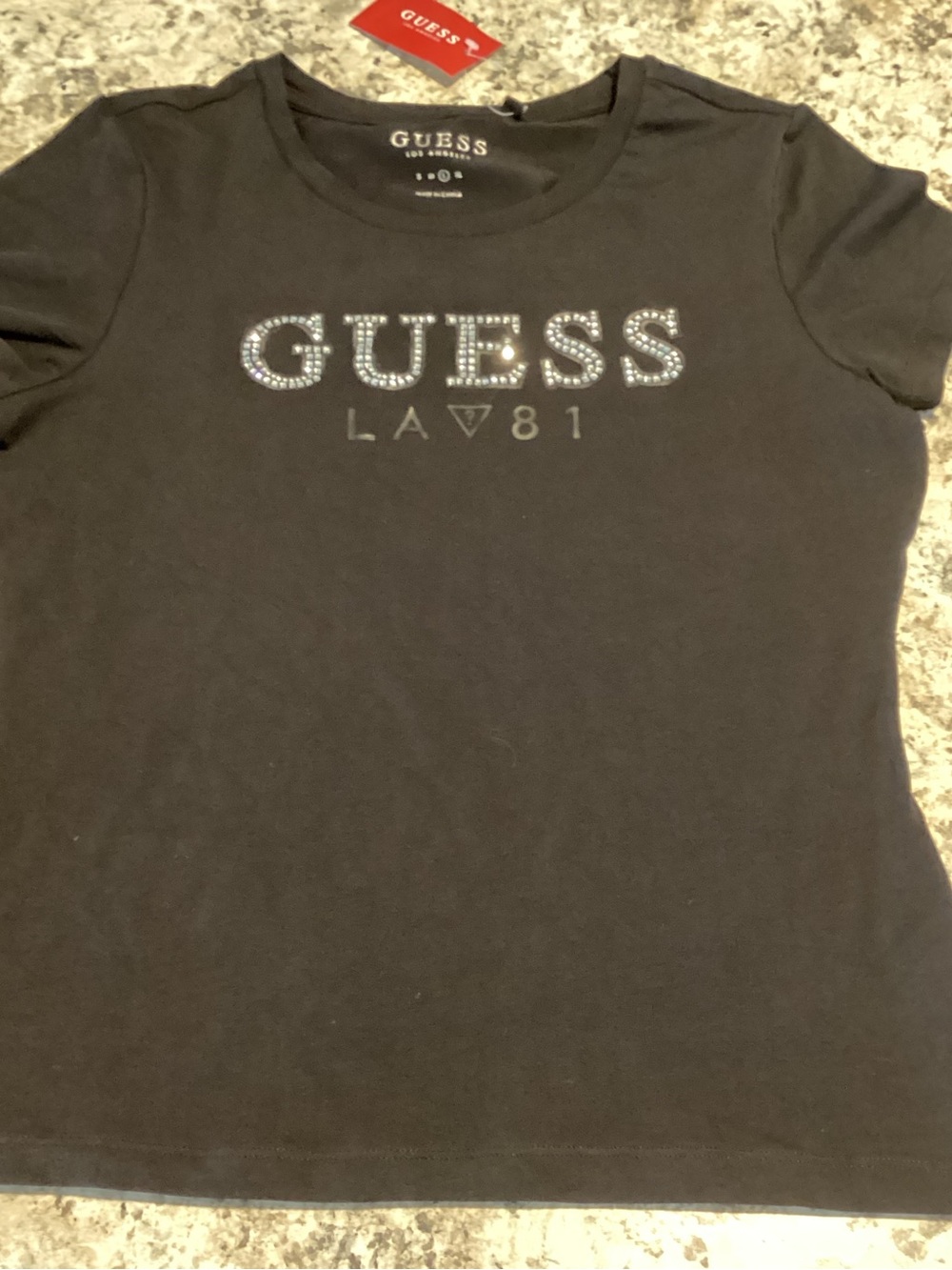 GUESS Black Short Sleeve Tee with Crystal Logo